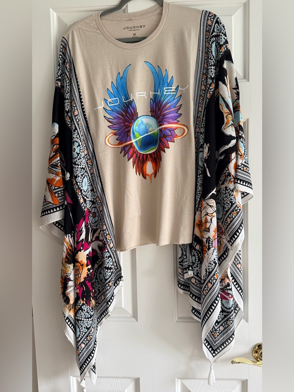 JOURNEY Custom Upcycled Graphic Tee Poncho Top Kimono Sleeve OSFM OOAK BOHO
